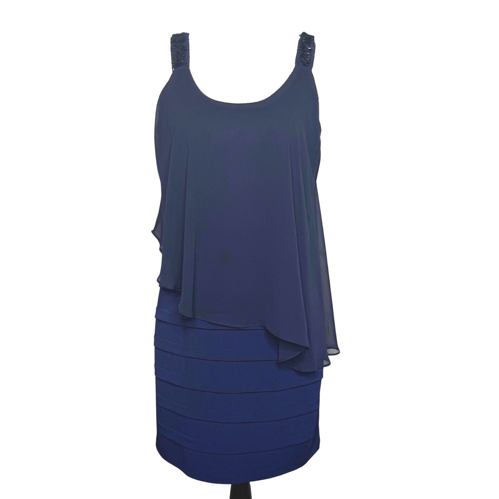 Enfocus Petite Layered Sequin Strap Sheath Dress Navy Blue Womens 10P